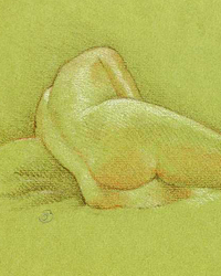 Crayon de couleur sur papier olive. 10 x 13 po.