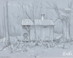 Graphite et crayon gel blanc sur papier bleu. 16 x 22 cm.