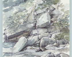 Stylo et aquarelle sur papier bleu. 22 x 14 cm.